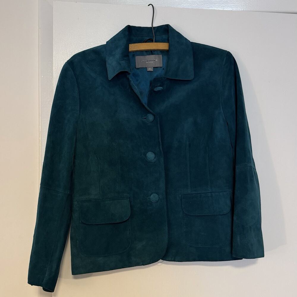 Ann Taylor Petites M MP Women’s Teal Suede Leather Blazer Jacket Button Front